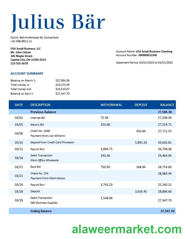 Julius Baer Bank company statement Word and PDF template
